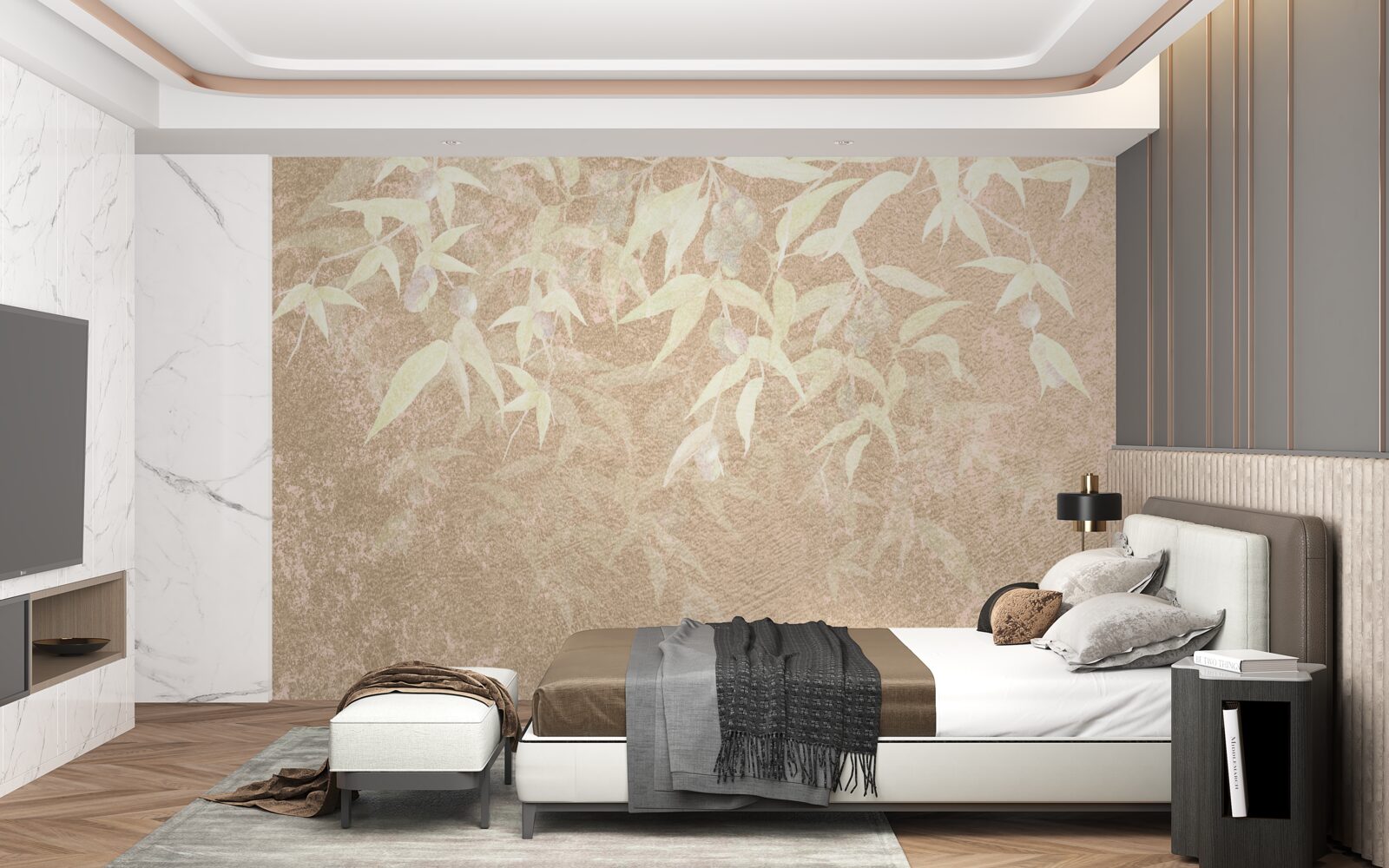 Fotobehang bruine achtergrond versierd met bladeren