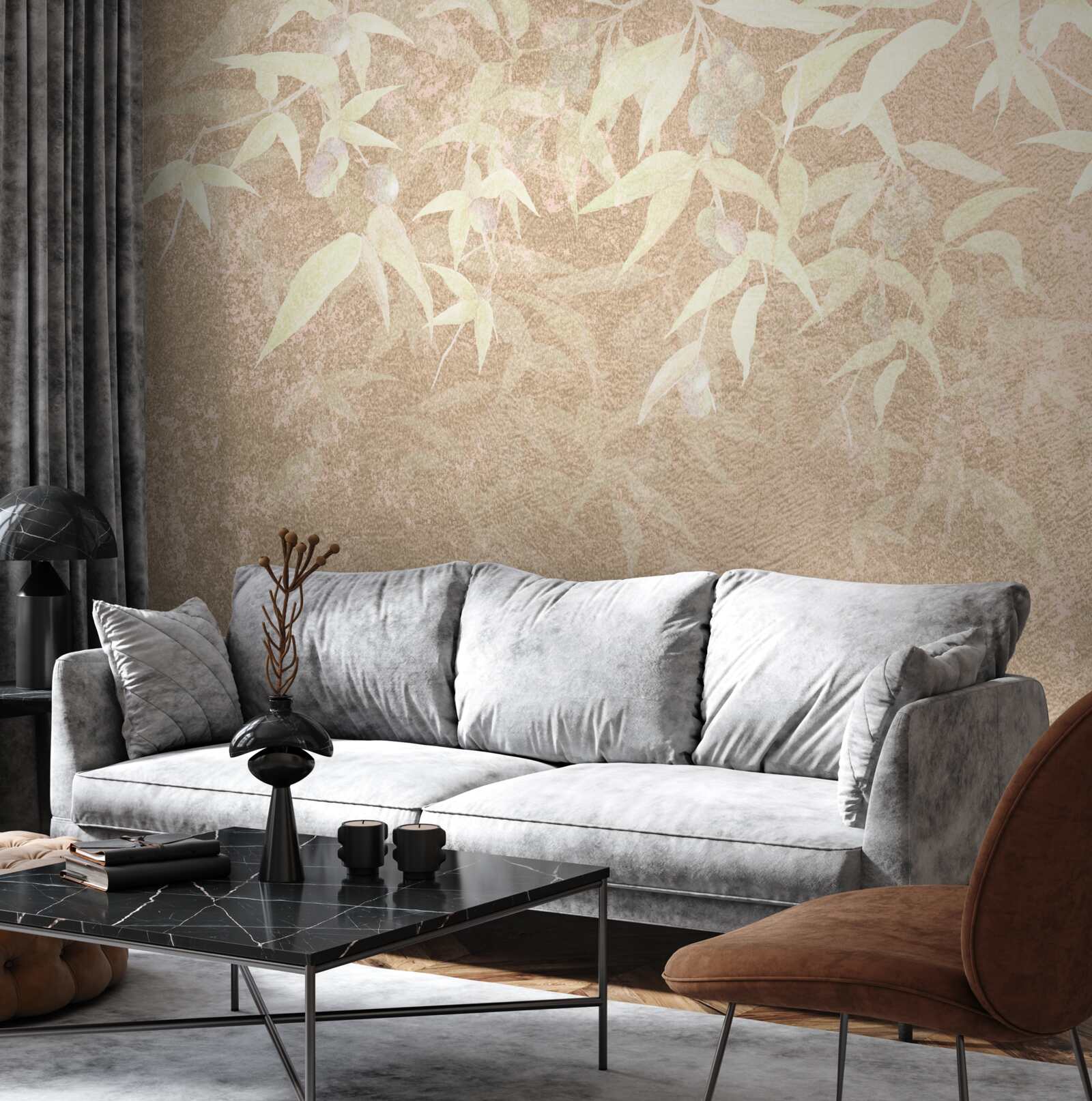 Fotobehang bruine achtergrond versierd met bladeren