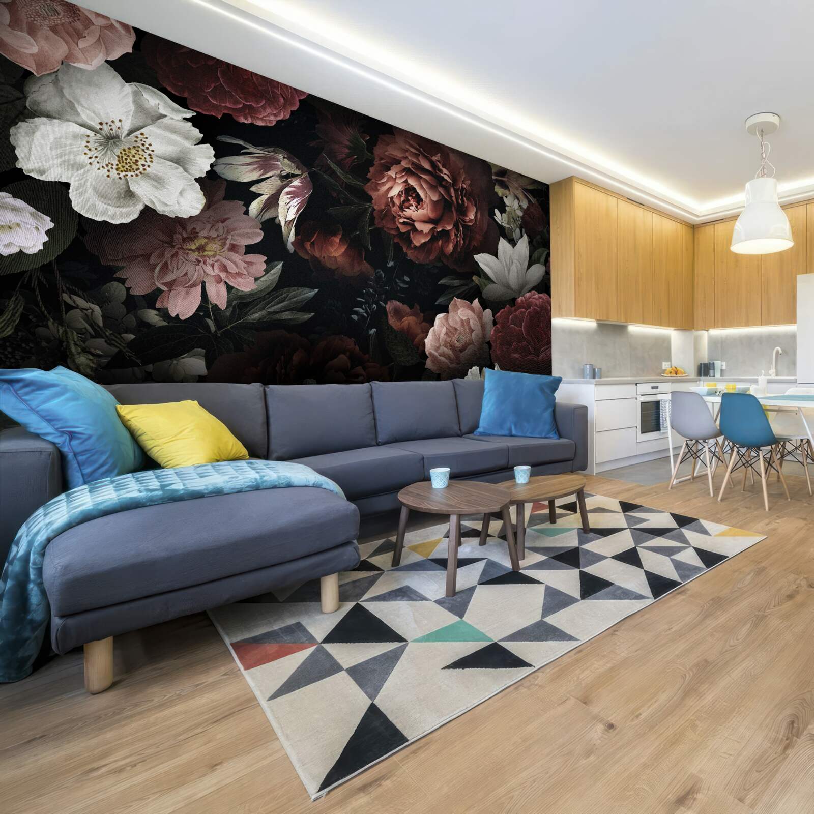 Fotobehang bloemen in verschillende tinten op een zwarte achtergrond