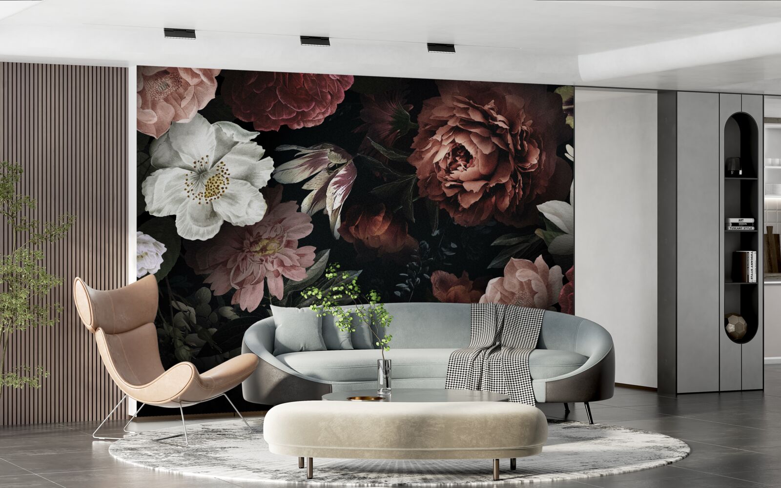 Fotobehang bloemen in verschillende tinten op een zwarte achtergrond