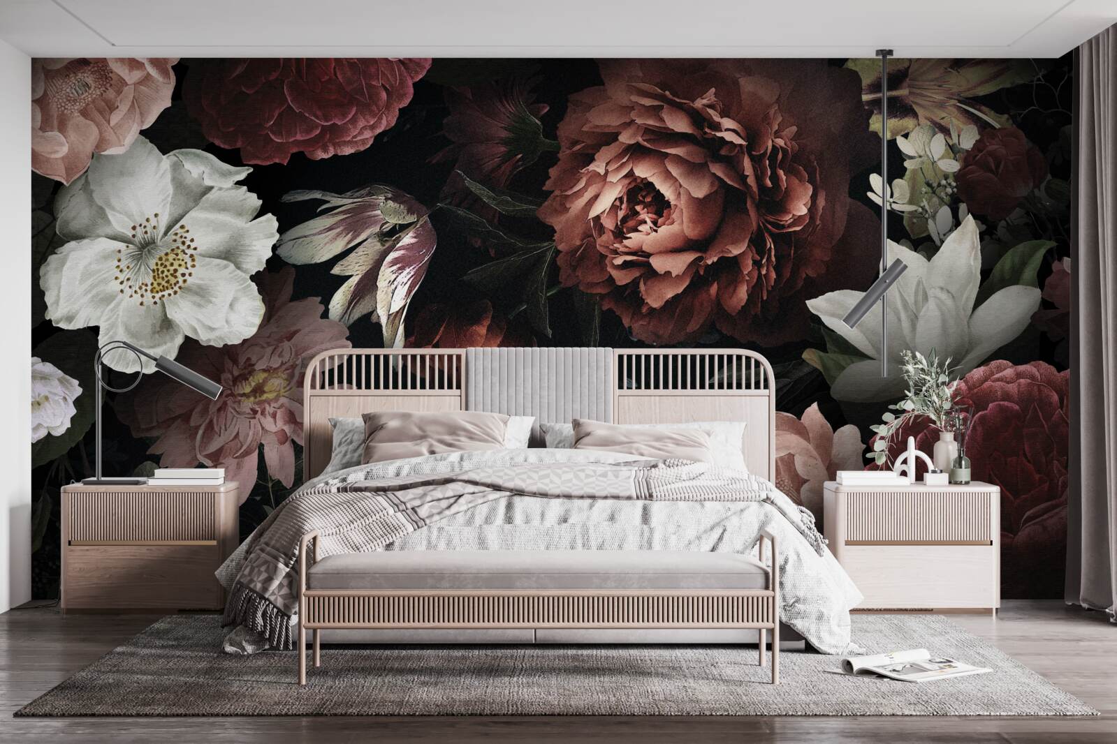 Fotobehang bloemen in verschillende tinten op een zwarte achtergrond