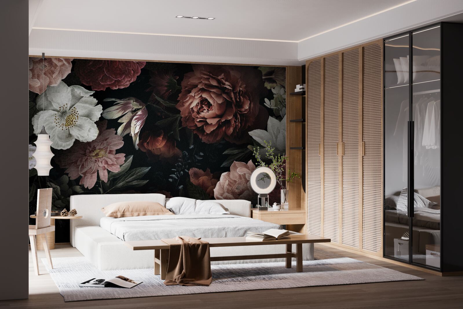 Fotobehang bloemen in verschillende tinten op een zwarte achtergrond