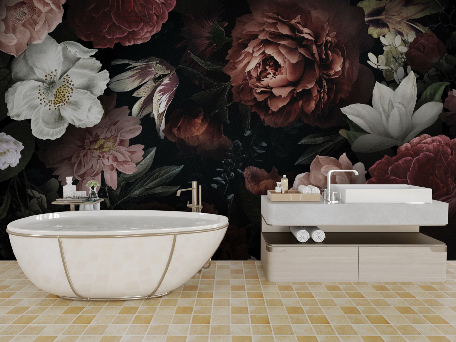 Fotobehang bloemen in verschillende tinten op een zwarte achtergrond