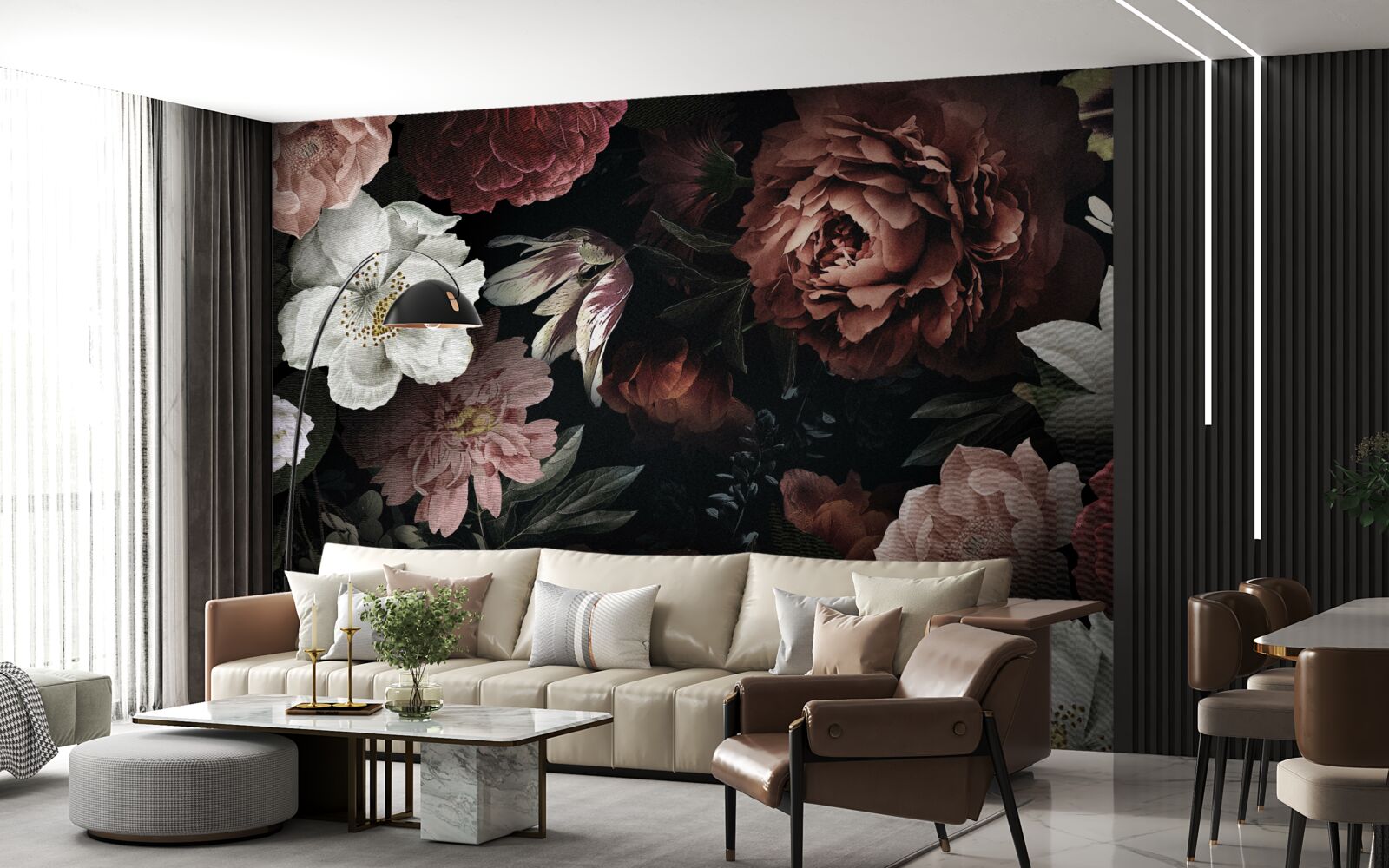 Fotobehang bloemen in verschillende tinten op een zwarte achtergrond