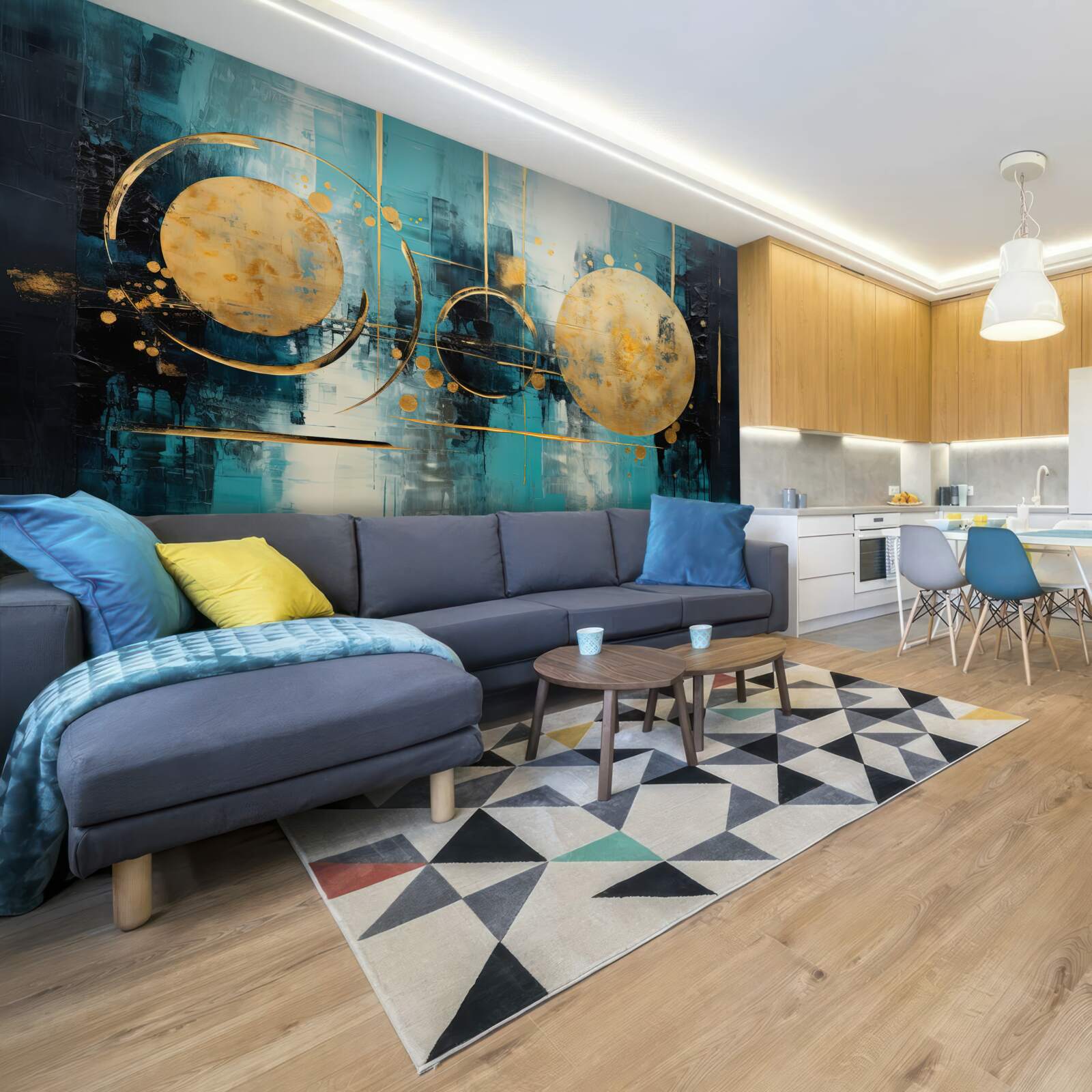 Fotobehang abstract in goud- en turkooistinten