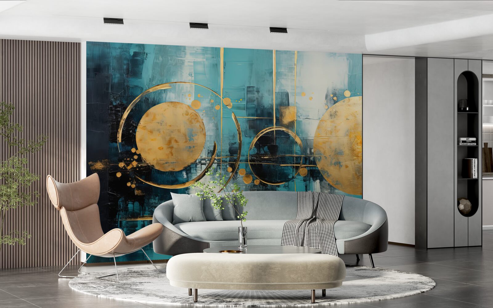 Fotobehang abstract in goud- en turkooistinten