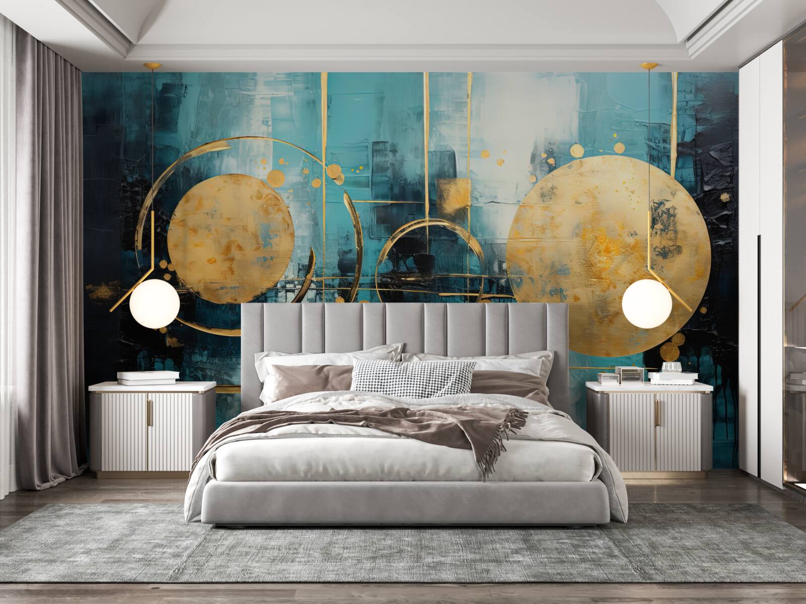 Fotobehang abstract in goud- en turkooistinten