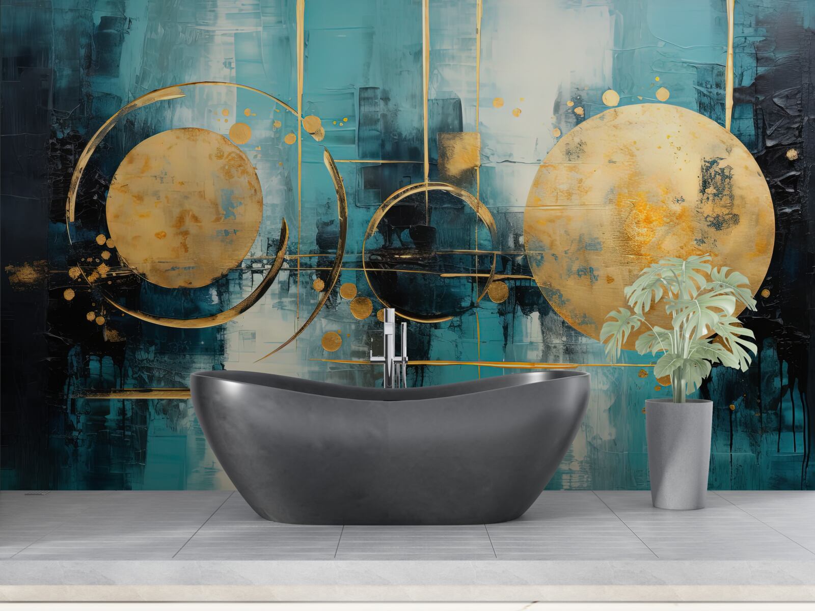 Fotobehang abstract in goud- en turkooistinten