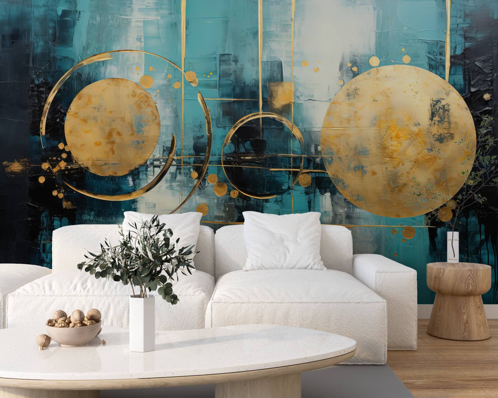 Fotobehang abstract in goud- en turkooistinten