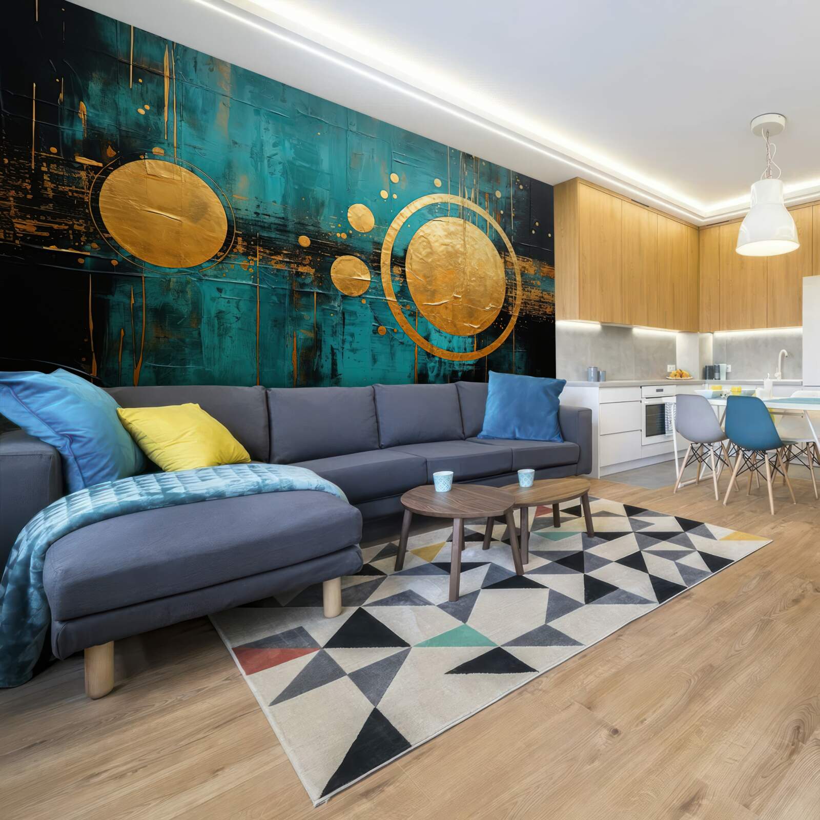 Fotobehang turquoise achtergrond met gouden cirkels