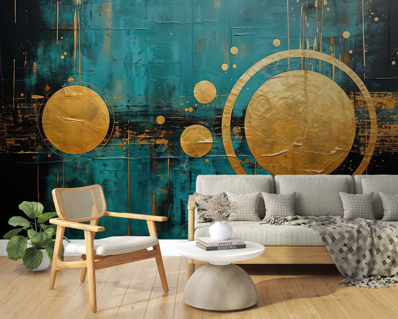 Fotobehang turquoise achtergrond met gouden cirkels