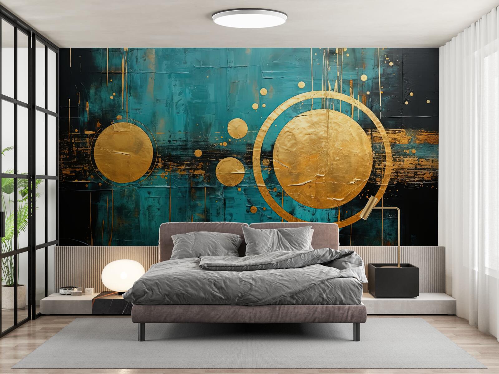 Fotobehang turquoise achtergrond met gouden cirkels