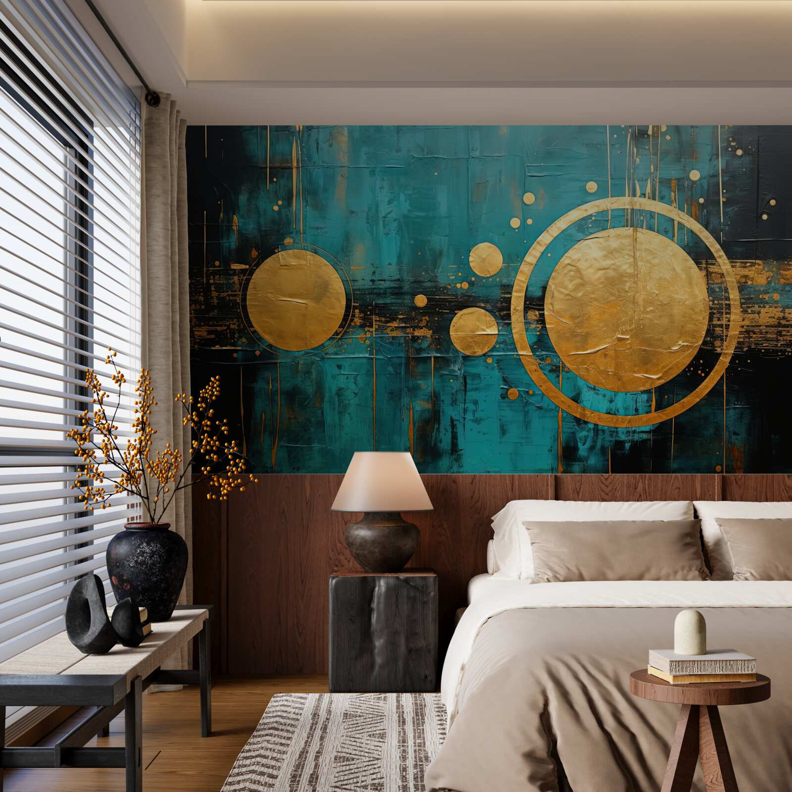 Fotobehang turquoise achtergrond met gouden cirkels