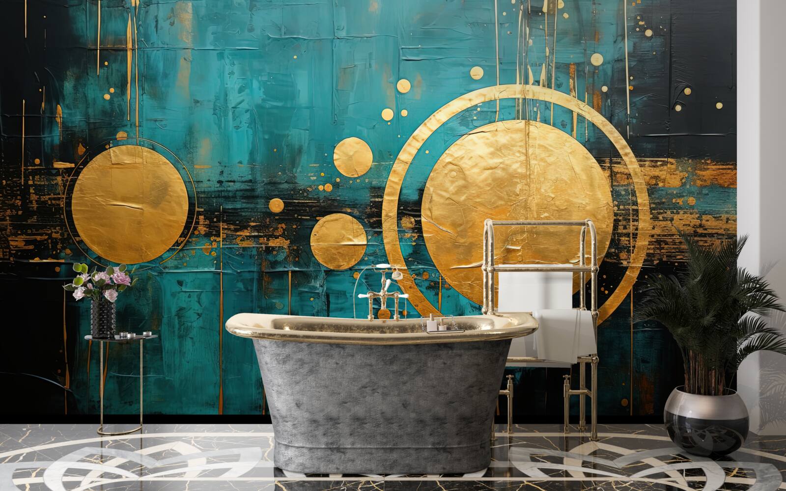 Fotobehang turquoise achtergrond met gouden cirkels