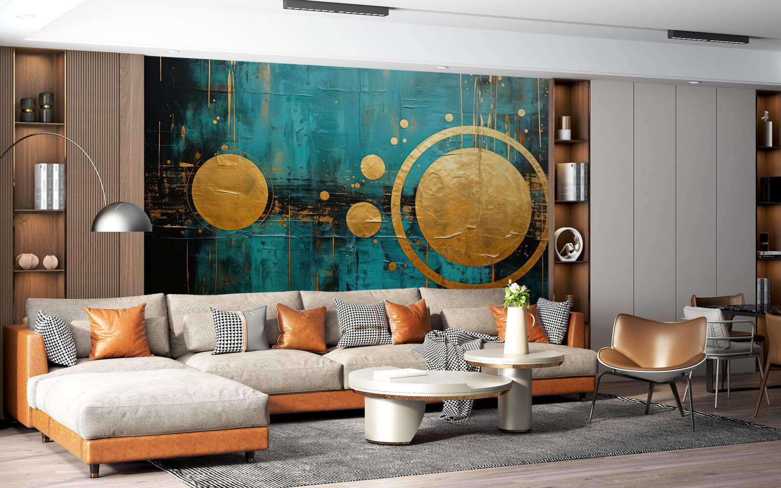 Fotobehang turquoise achtergrond met gouden cirkels