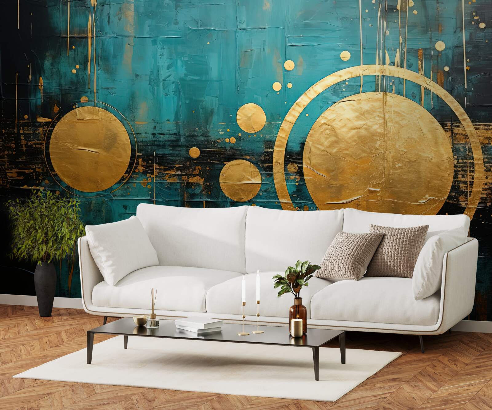 Fotobehang turquoise achtergrond met gouden cirkels