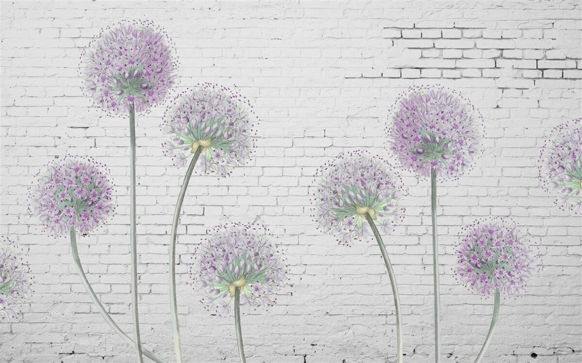 Fotobehang grote paardenbloemen op een bakstenen muur
