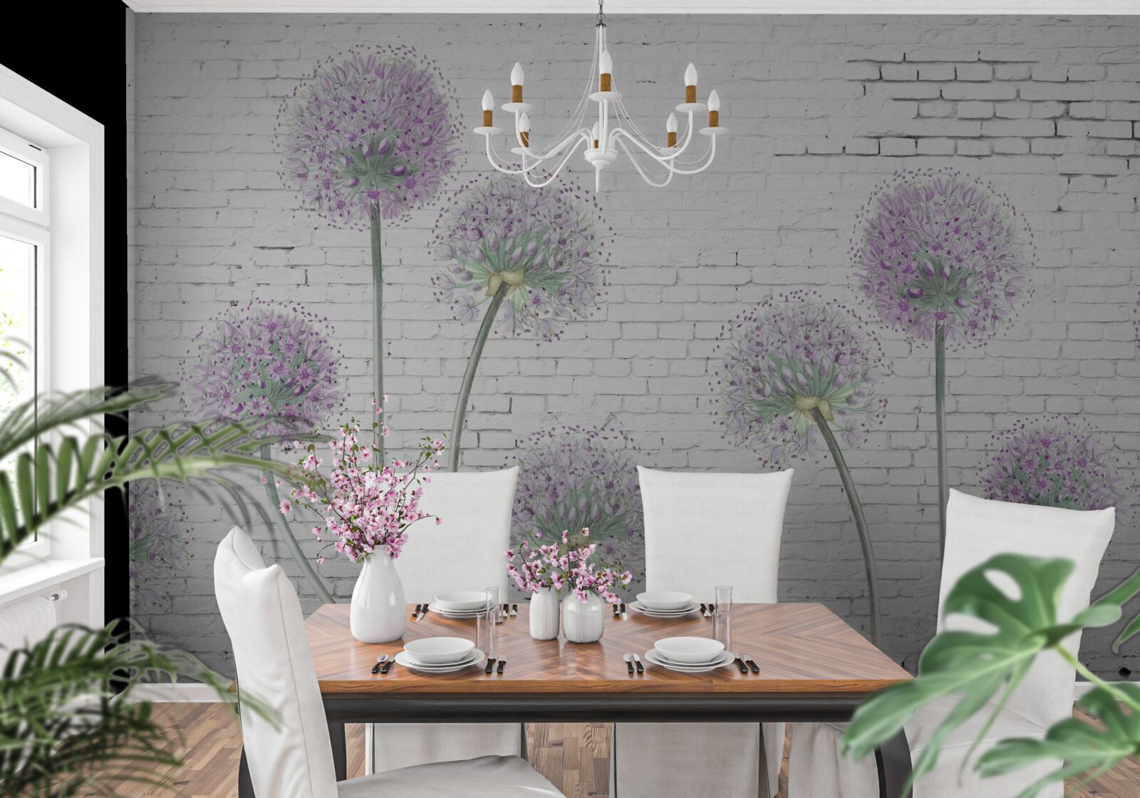 Fotobehang grote paardenbloemen op een bakstenen muur