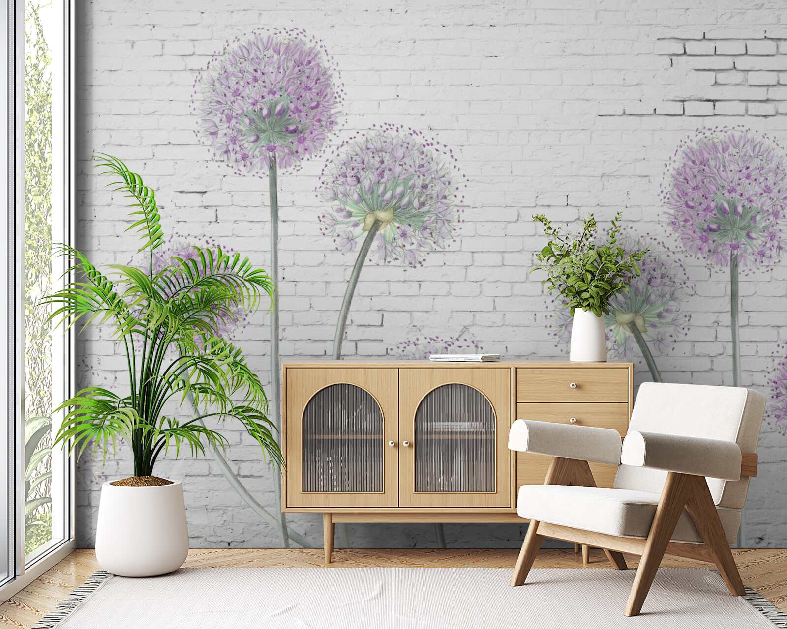 Fotobehang grote paardenbloemen op een bakstenen muur