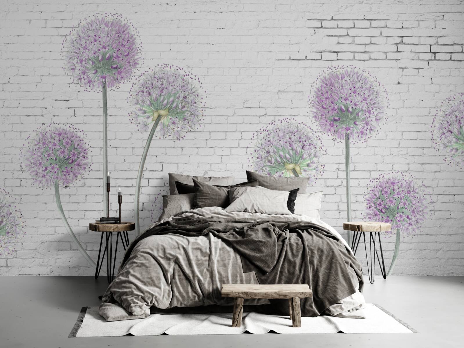 Fotobehang grote paardenbloemen op een bakstenen muur