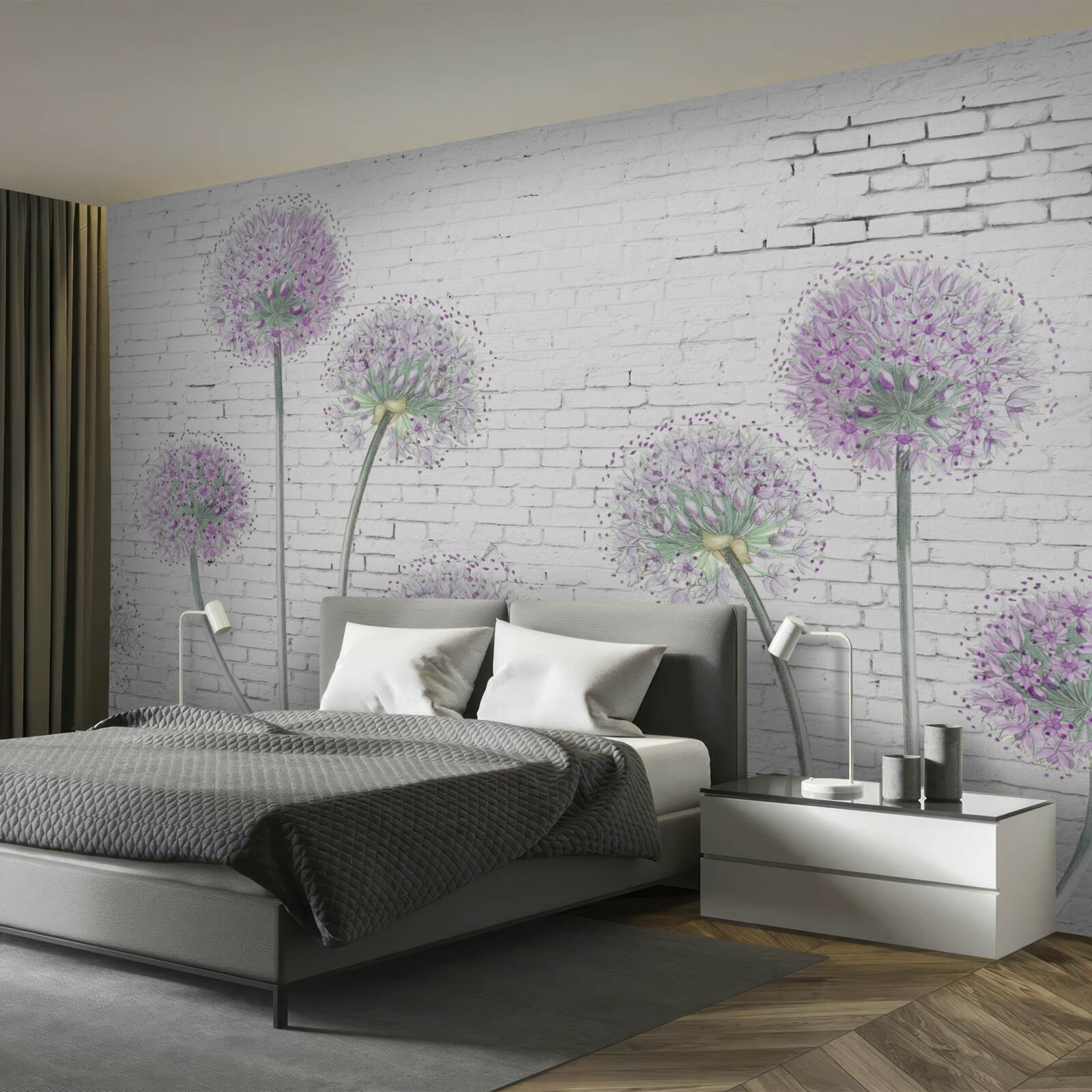 Fotobehang grote paardenbloemen op een bakstenen muur