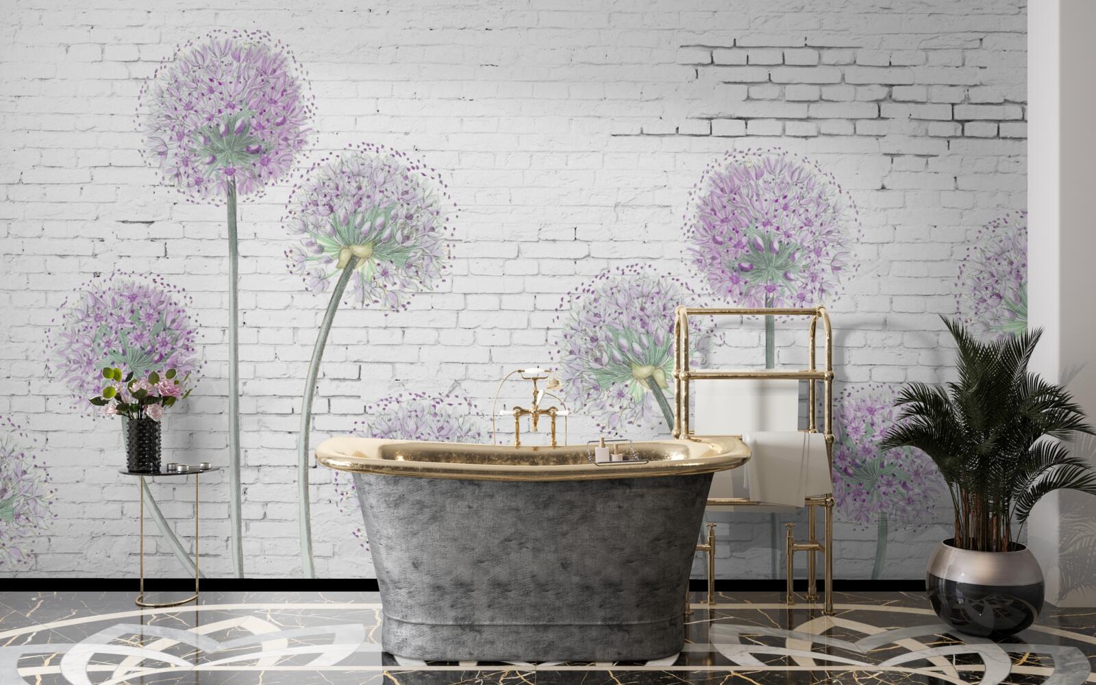 Fotobehang grote paardenbloemen op een bakstenen muur