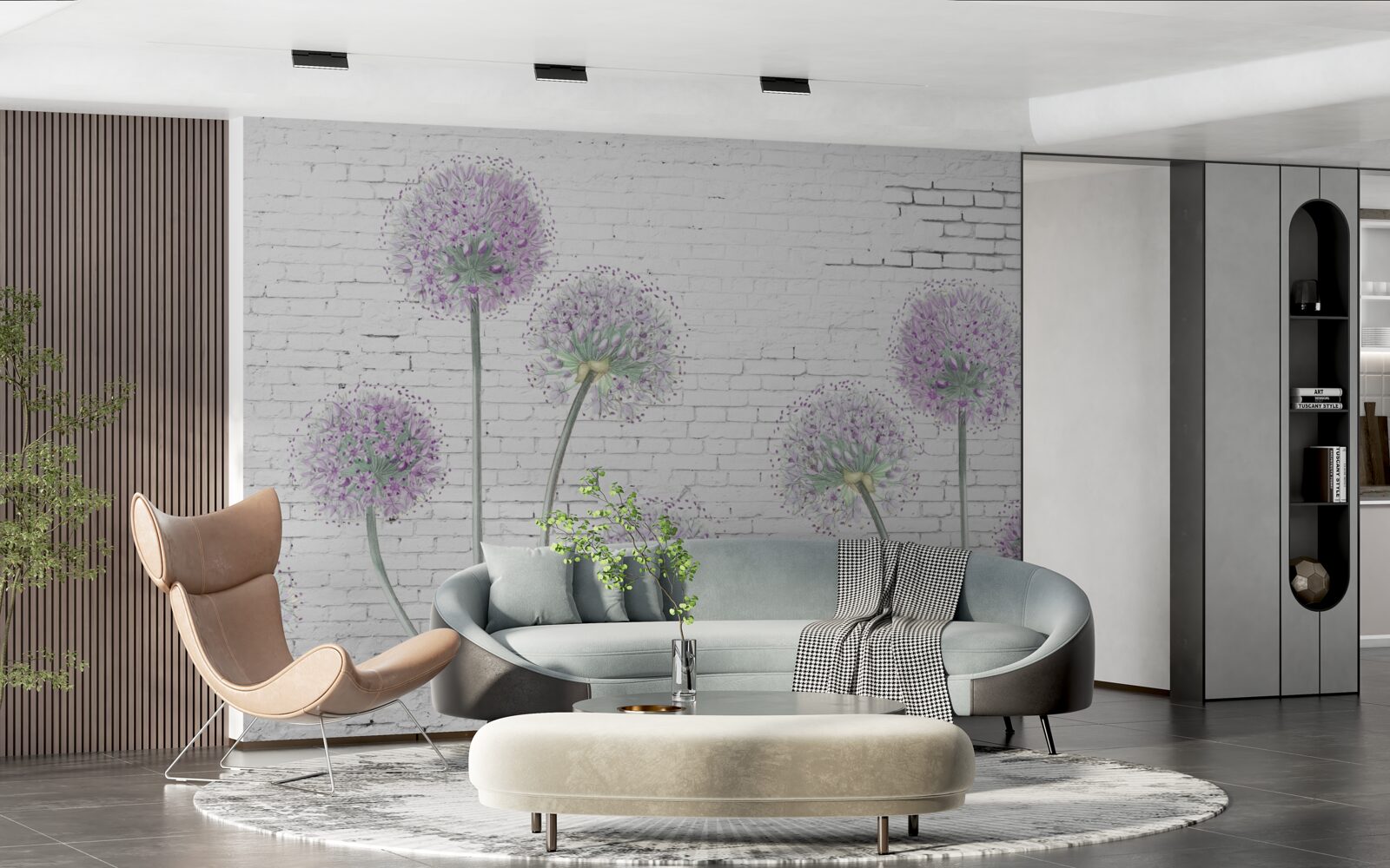 Fotobehang grote paardenbloemen op een bakstenen muur