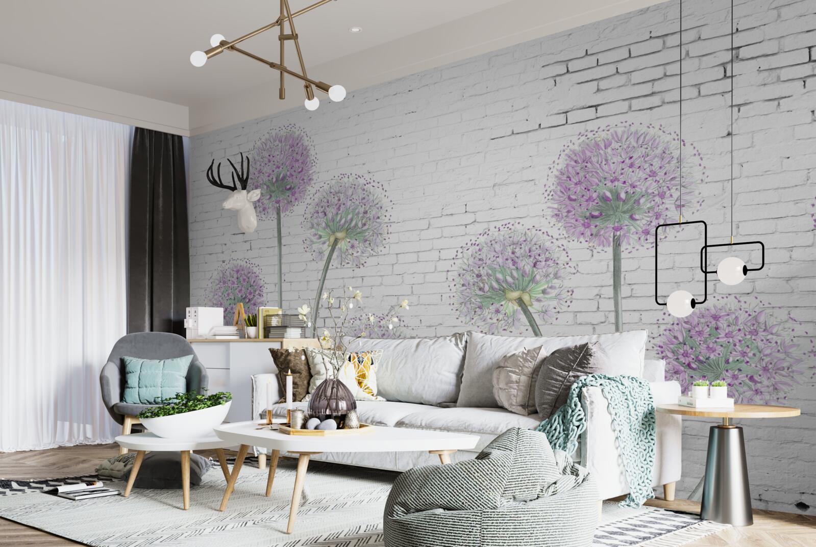 Fotobehang grote paardenbloemen op een bakstenen muur