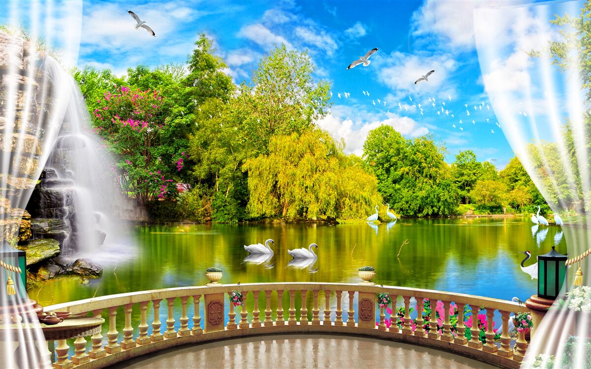 Fotobehang terras met een prachtig uitzicht op het Zwanenmeer