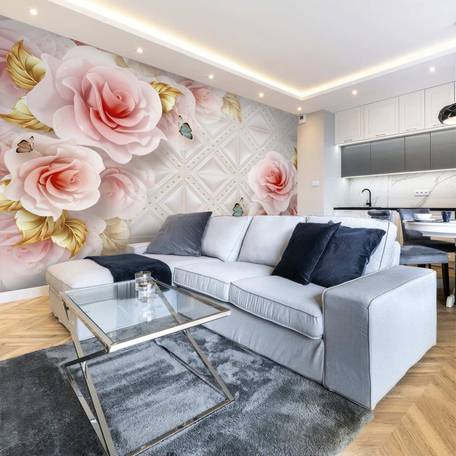 Fotobehang felroze roos onthult haar weelderige knoppen