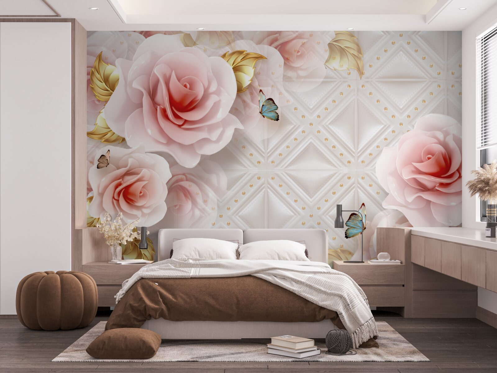 Fotobehang felroze roos onthult haar weelderige knoppen