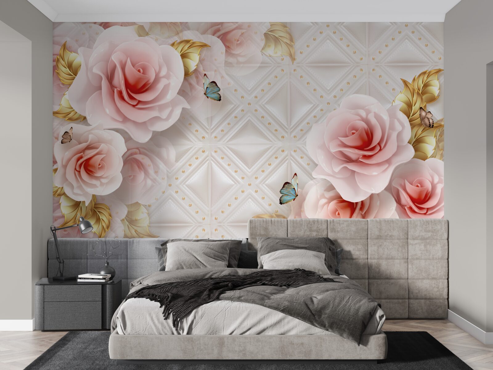 Fotobehang felroze roos onthult haar weelderige knoppen