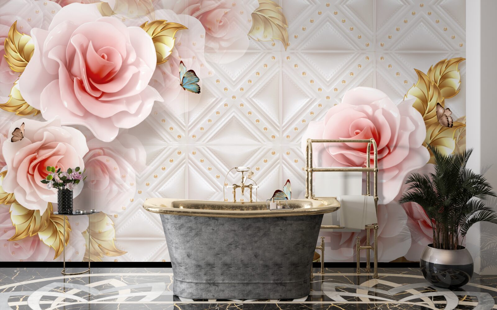 Fotobehang felroze roos onthult haar weelderige knoppen