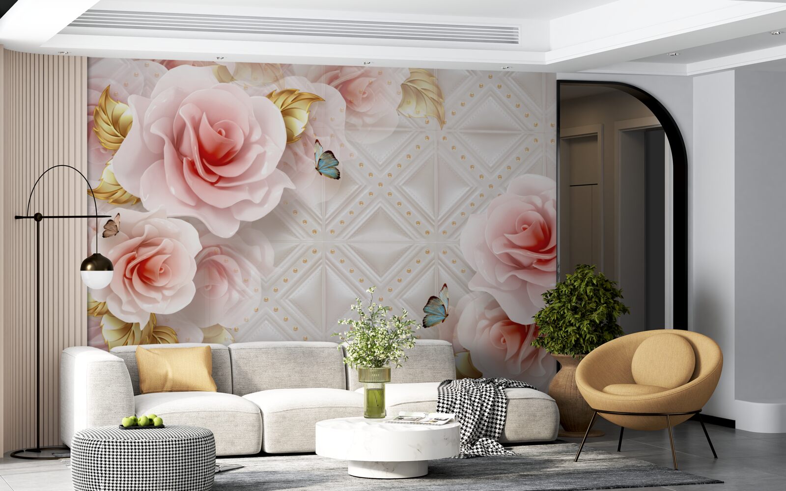 Fotobehang felroze roos onthult haar weelderige knoppen