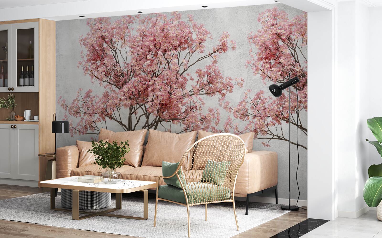 Fotobehang ochtendnevel omringt de roze sakurabloemen