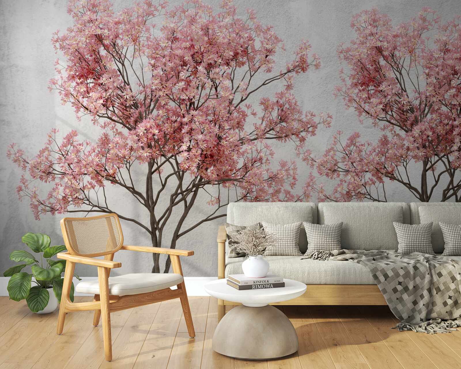 Fotobehang ochtendnevel omringt de roze sakurabloemen