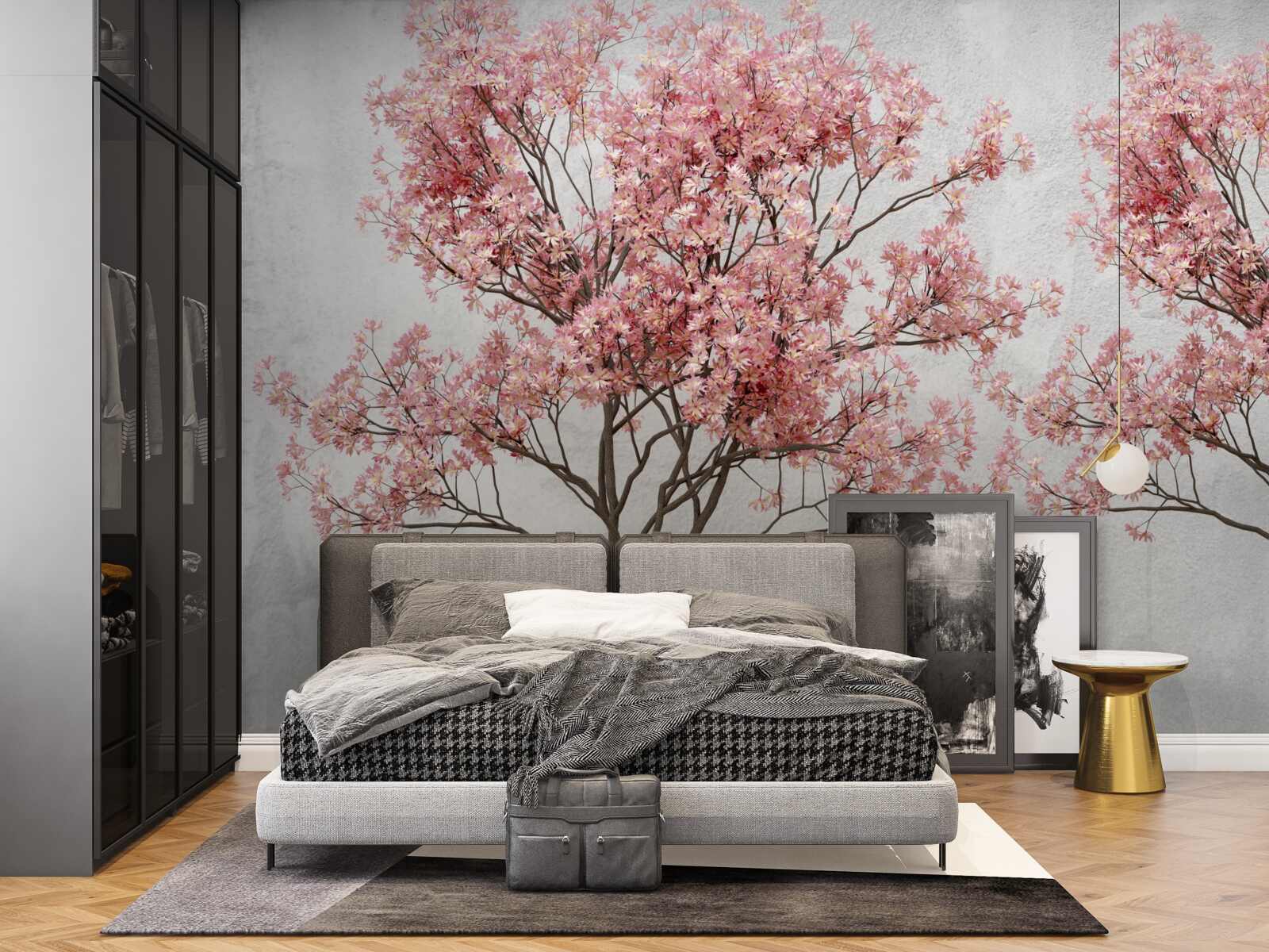 Fotobehang ochtendnevel omringt de roze sakurabloemen