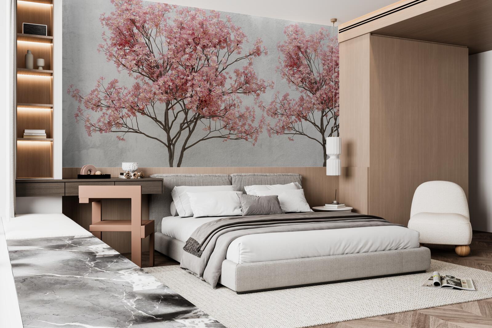 Fotobehang ochtendnevel omringt de roze sakurabloemen