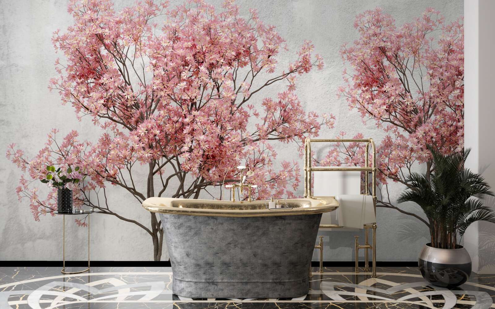 Fotobehang ochtendnevel omringt de roze sakurabloemen