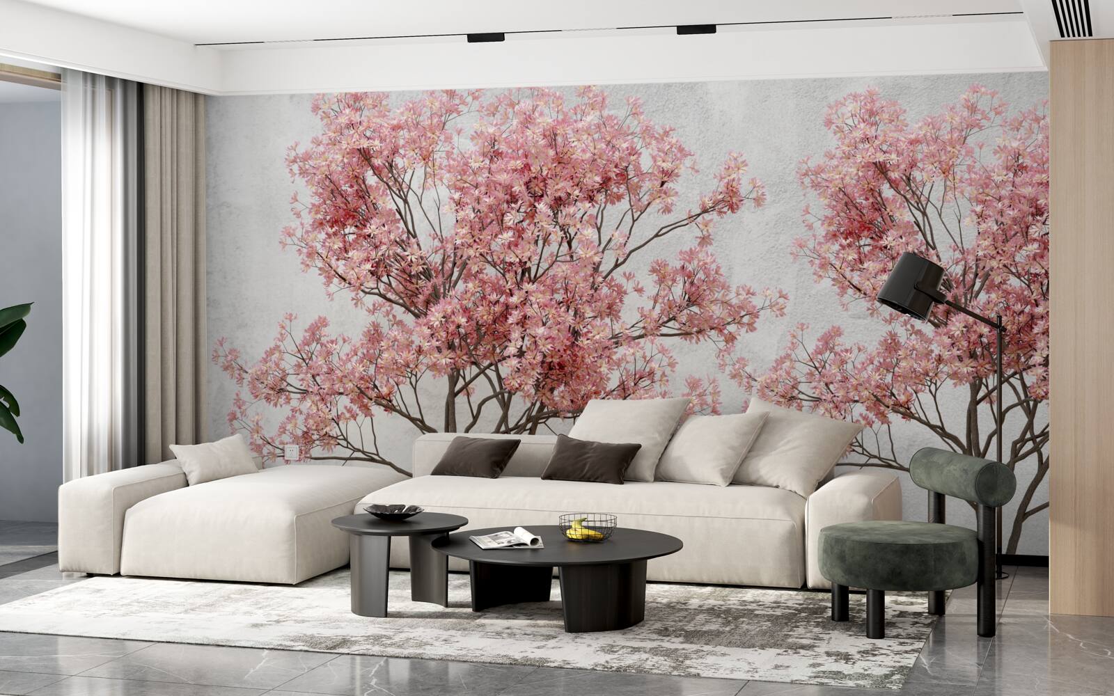 Fotobehang ochtendnevel omringt de roze sakurabloemen