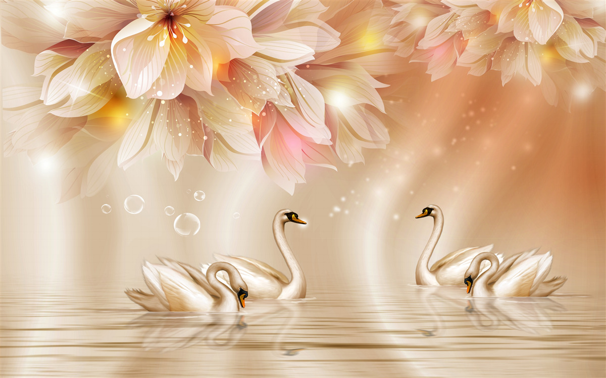 Fotobehang bloemen en een groep sierlijke zwanen op het wateroppervlak