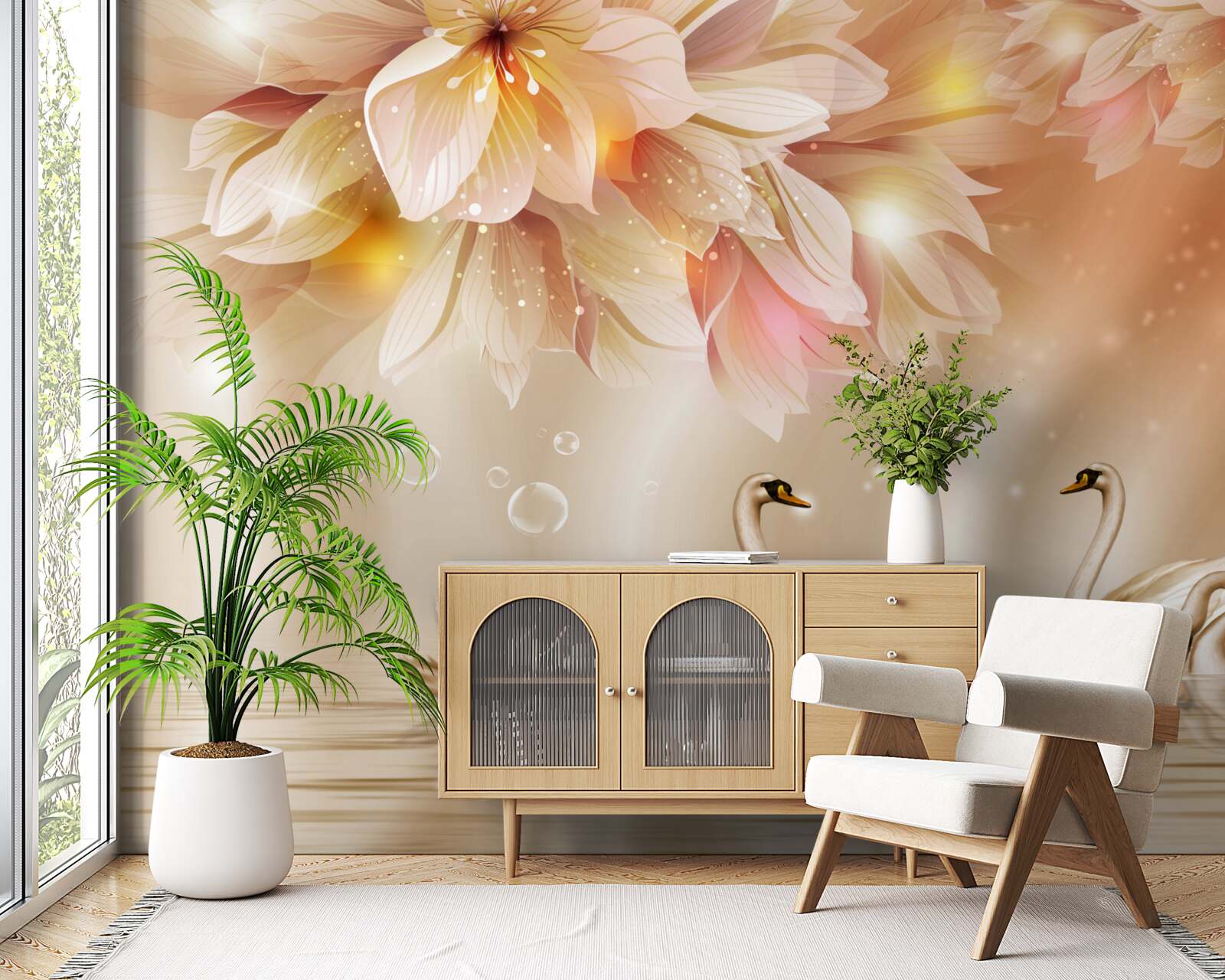 Fotobehang bloemen en een groep sierlijke zwanen op het wateroppervlak