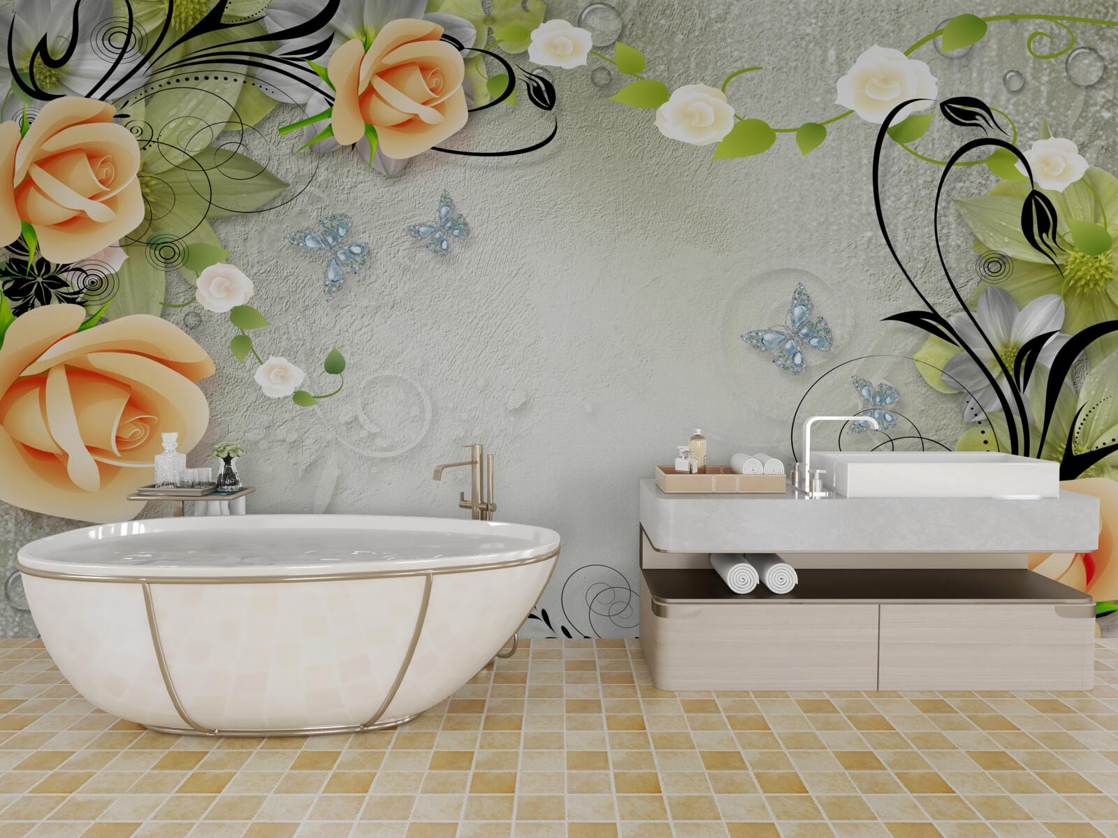 Fotobehang vlinders op de takken van een perzikroos