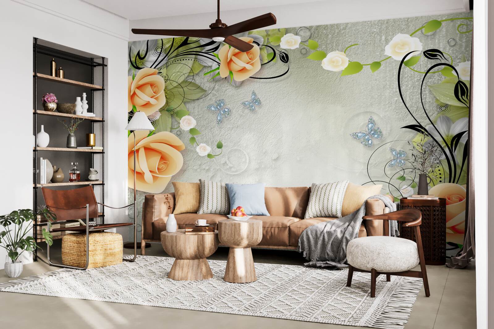 Fotobehang vlinders op de takken van een perzikroos