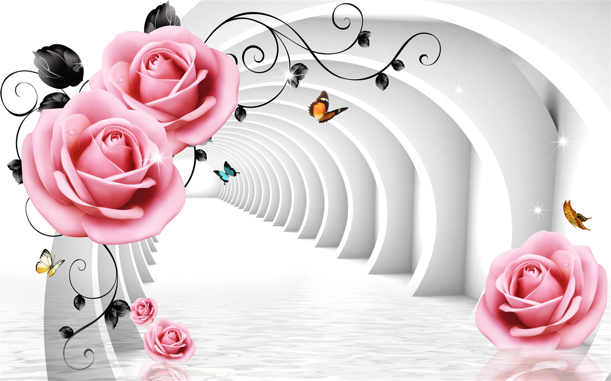 Fotobehang doorlopende gloeiende doorgang en roze-roze bloemen