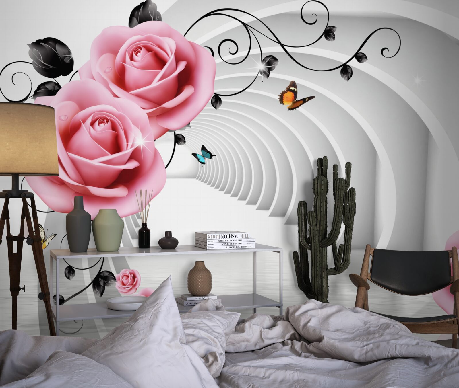 Fotobehang doorlopende gloeiende doorgang en roze-roze bloemen