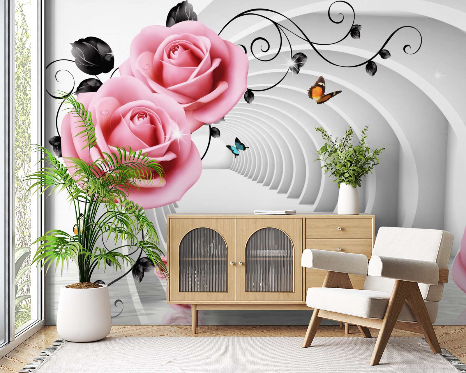 Fotobehang doorlopende gloeiende doorgang en roze-roze bloemen