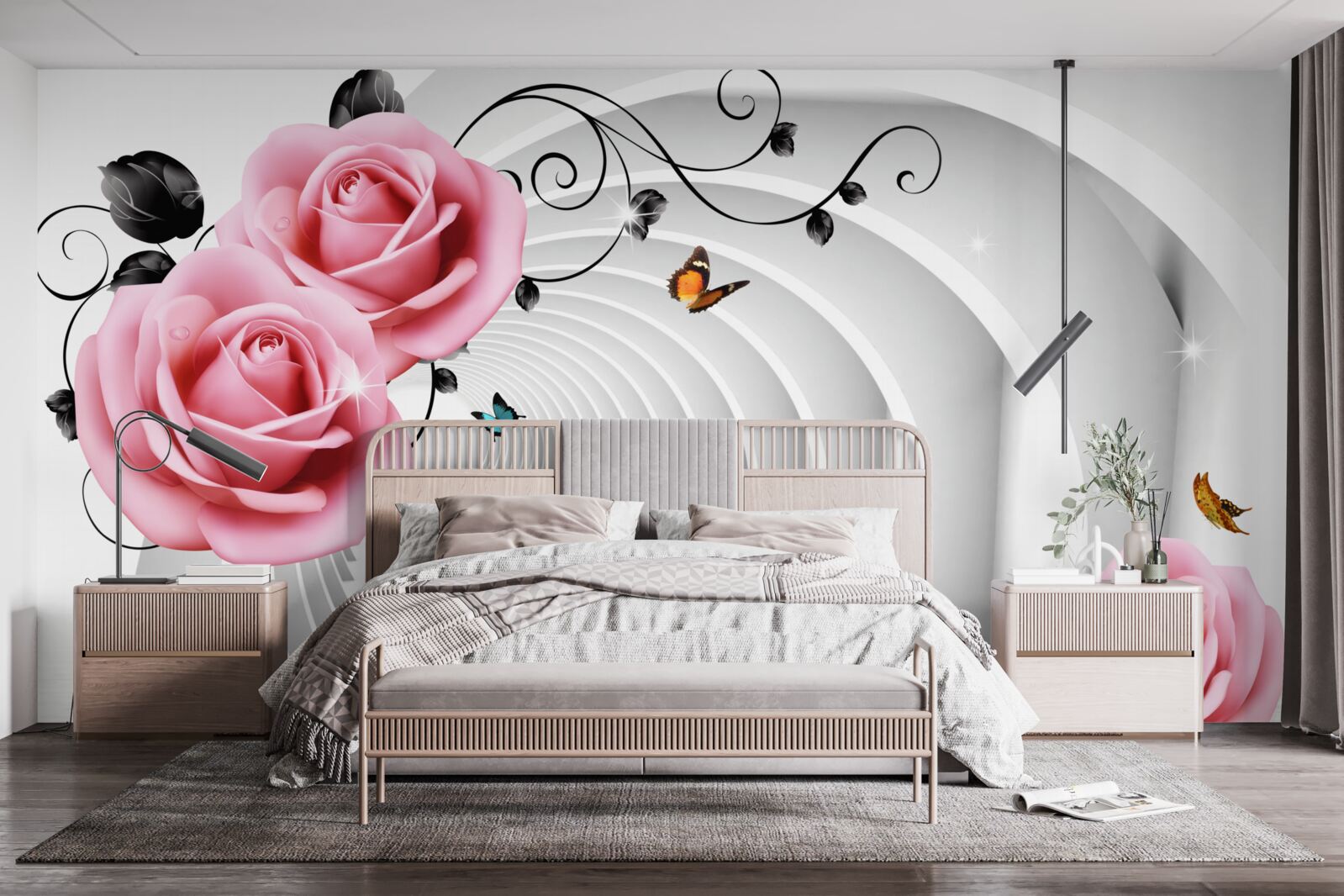 Fotobehang doorlopende gloeiende doorgang en roze-roze bloemen