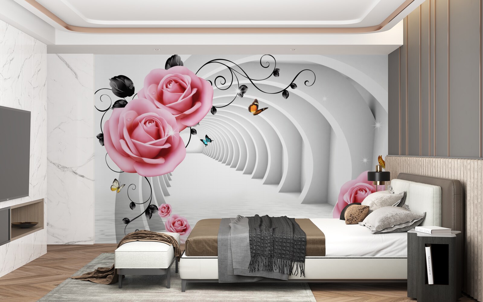 Fotobehang doorlopende gloeiende doorgang en roze-roze bloemen