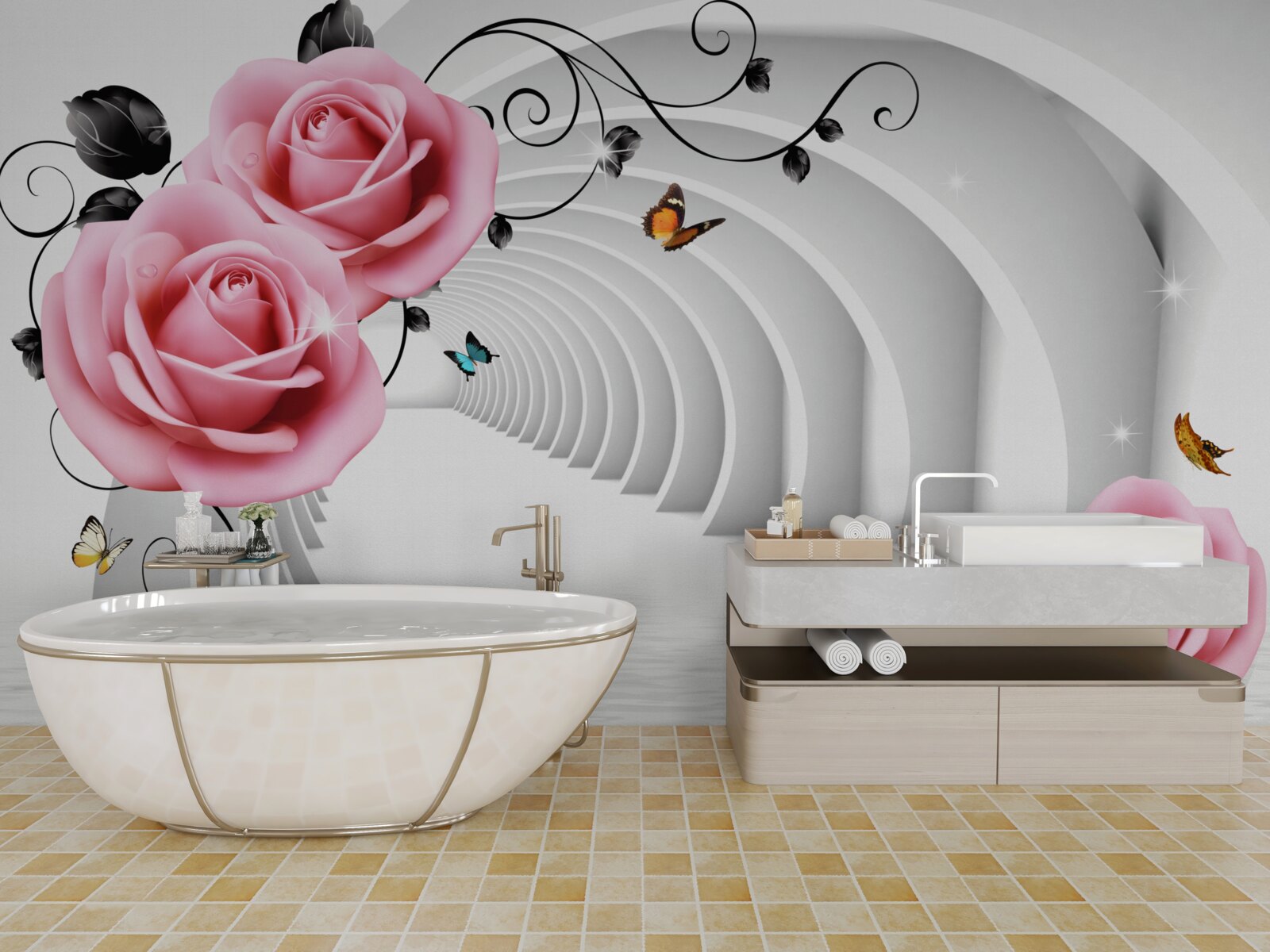 Fotobehang doorlopende gloeiende doorgang en roze-roze bloemen